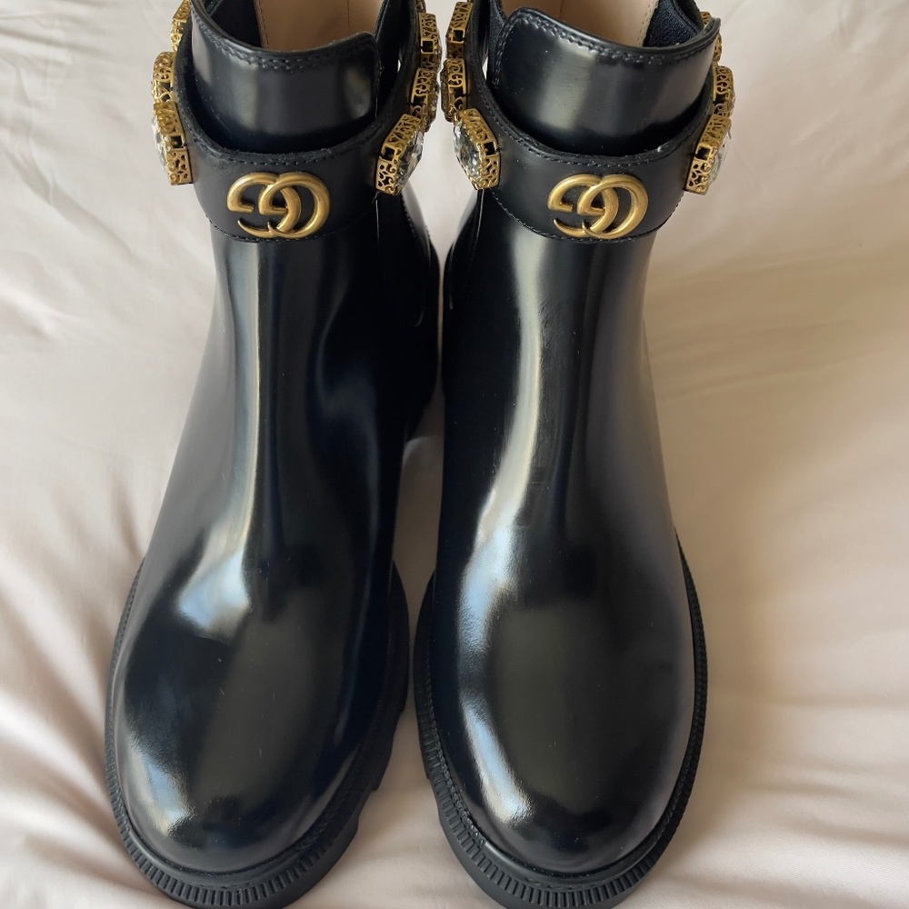 GUCCI GG Logo Women Black Leather Combat Boots Size 7